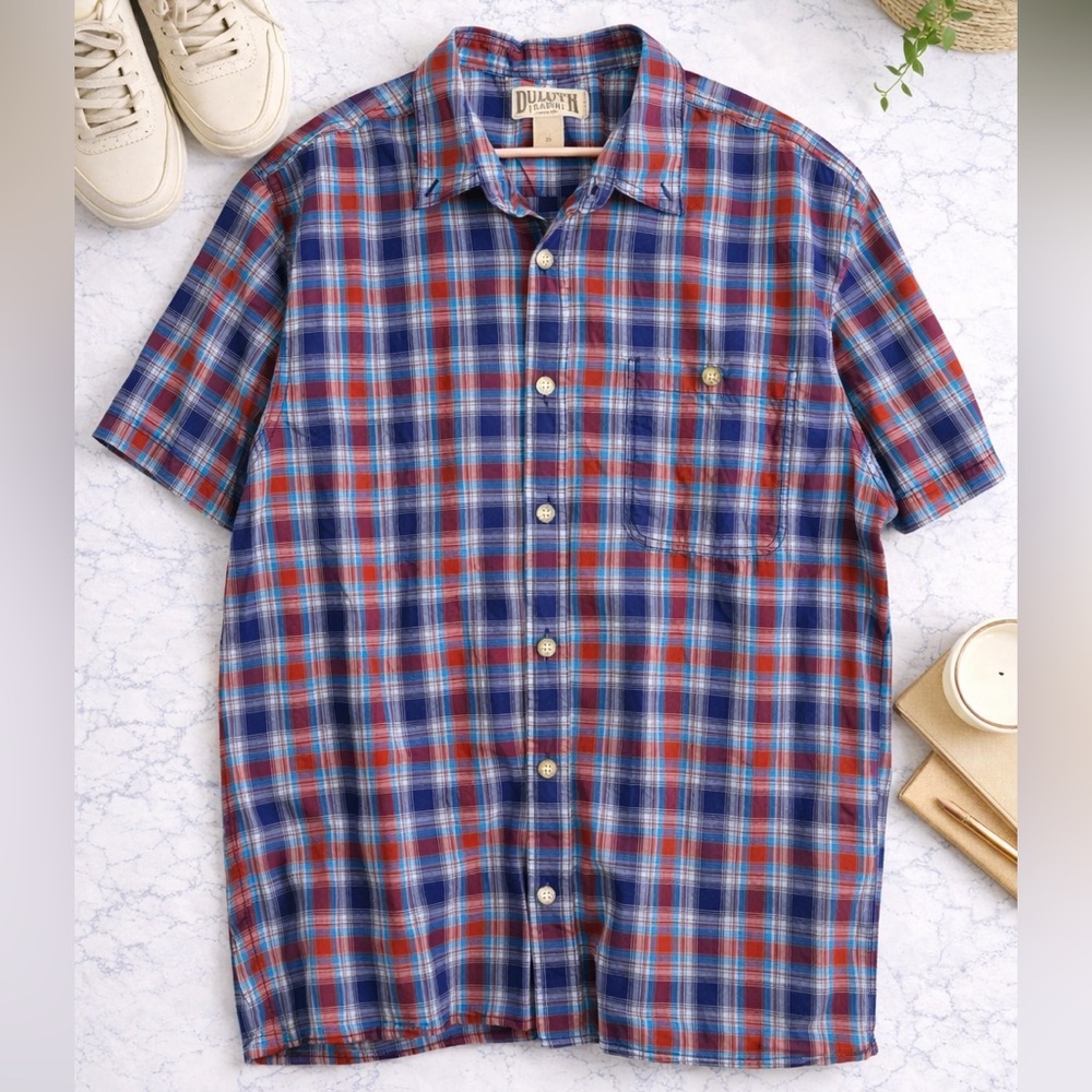 Duluth Trading Co Mens XL Plaid Short Sleeve Button Down Shirt Relaxed Fit
